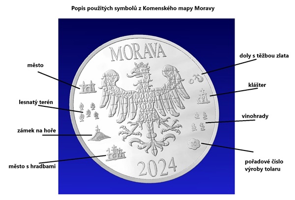 Moravský tolar 2024 k výročí 400 let od tisku mapy Moravy od J. A. Komanského (s pořadovým číslem)